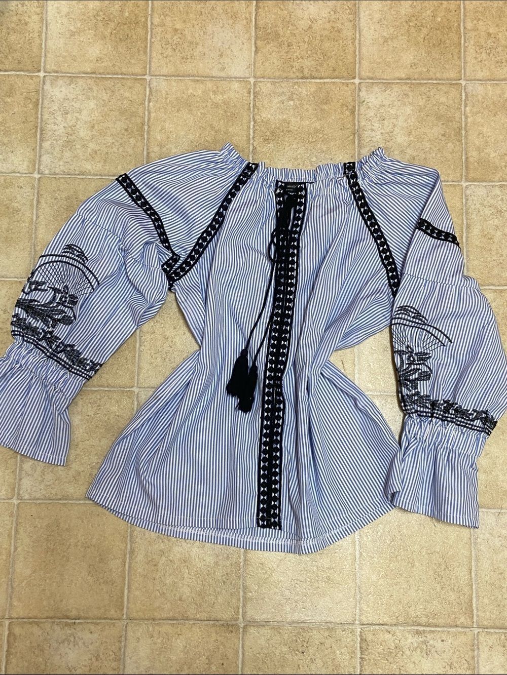 Mango Blue and White Striped Embroidered Peasant Blouse Size S